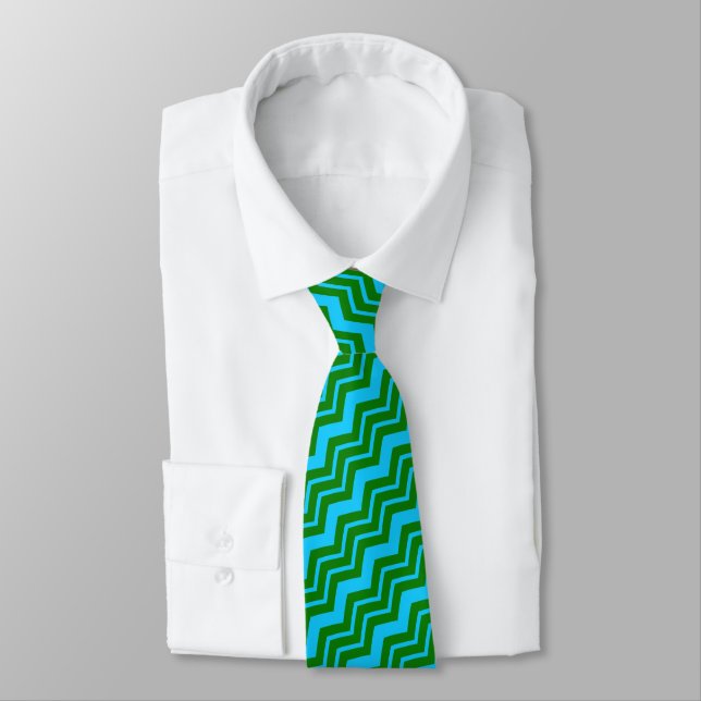 Green Blue Chevron Zigzag Design  Neck Tie (Tied)
