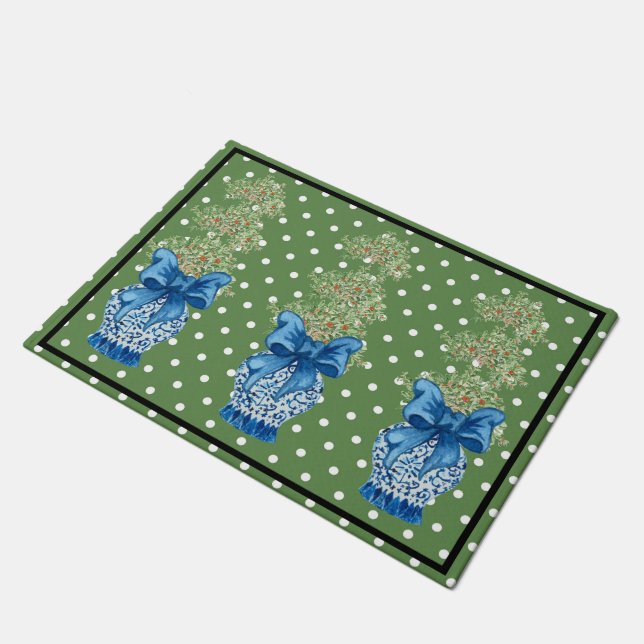 Green Blue Chinoiserie Orange Topiary Doormat (Angled)