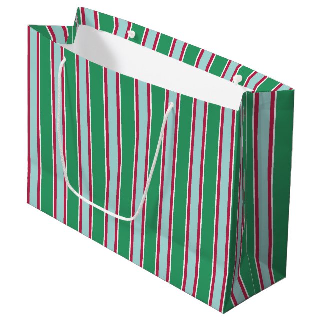 Green Blue Christmas Stripes Gift Bag (Front Angled)
