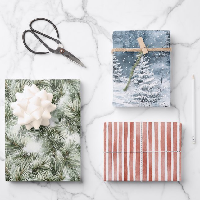 Green & Blue Christmas Trees Red Stripes Wrapping Paper Sheets (Front)