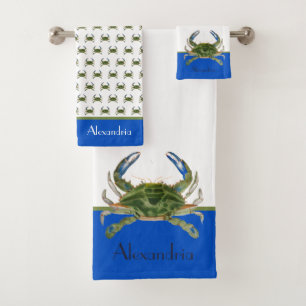 Green Blue Crab Gray Nautical Coastal  Bath Towel 