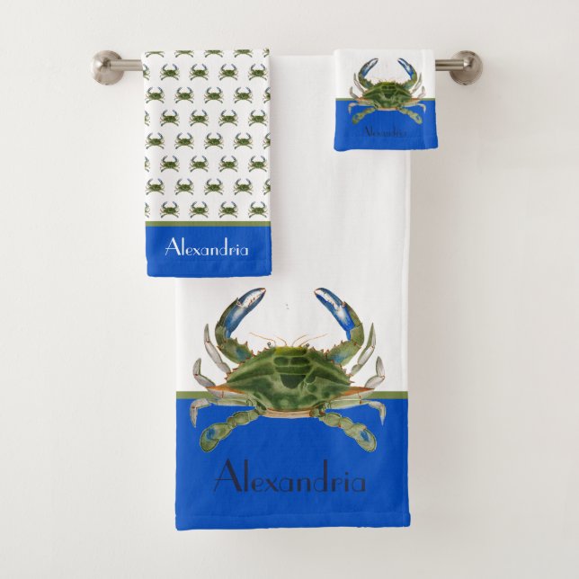 Green Blue Crab Gray Nautical Coastal  Bath Towel  (Insitu)