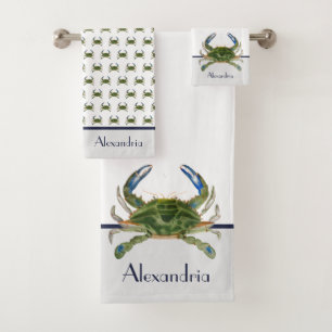 Green Blue Crab Gray Nautical Coastal  Bath Towel Set