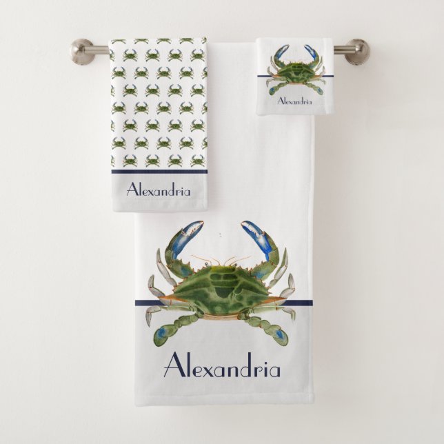 Green Blue Crab Gray Nautical Coastal  Bath Towel Set (Insitu)