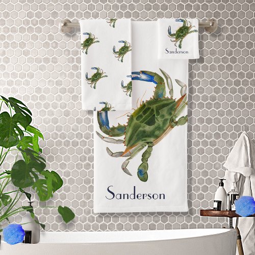 Green Blue Crab  Nautical Coastal   Bath Towel Set