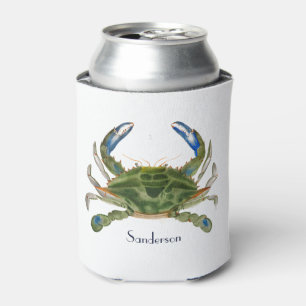 Green Blue Crab Nautical Coastal Can Cooler