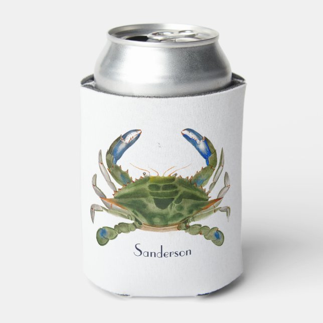 Green Blue Crab  Nautical Coastal  Can Cooler (Can Front)
