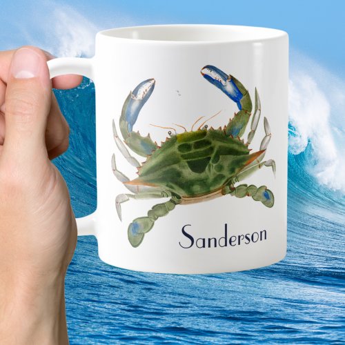Green Blue Crab  Nautical Coastal  Coffee Mug