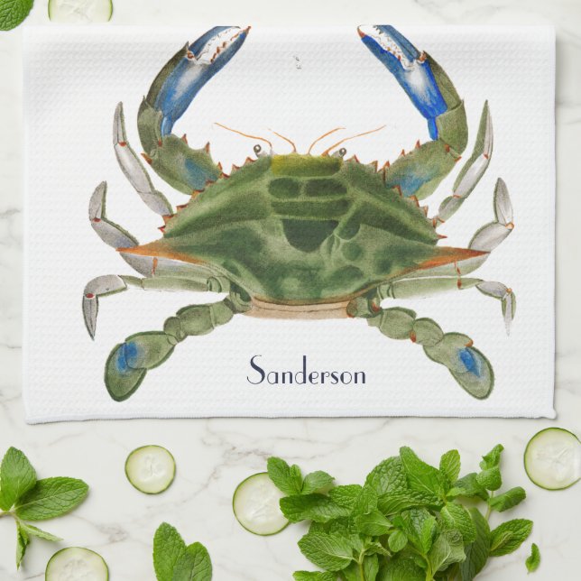 Green Blue Crab  Nautical Coastal  Kitchen Towel (Folded)