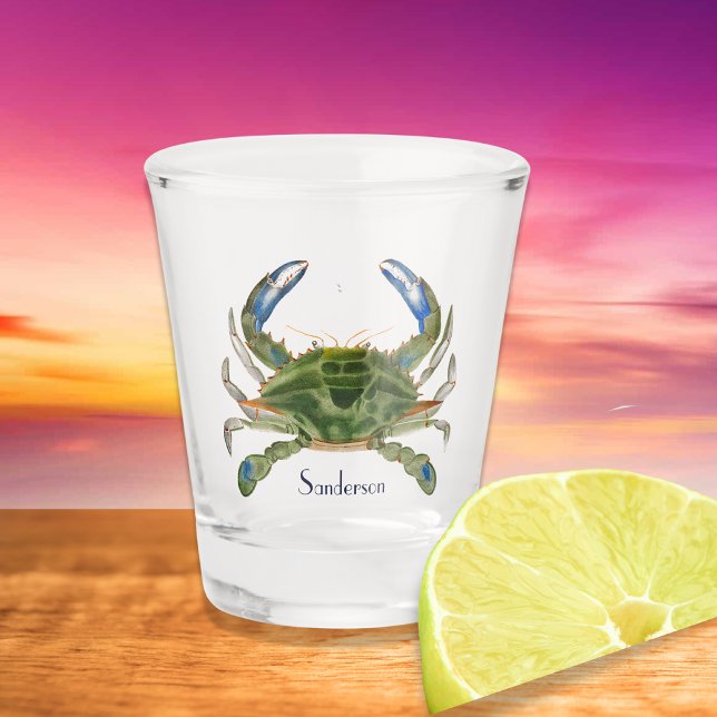 Green Blue Crab  Nautical Coastal   Shot Glass (Creator Uploaded)