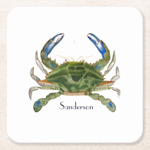 Green Blue Crab  Nautical Coastal   Shot Glass Square Paper Coaster