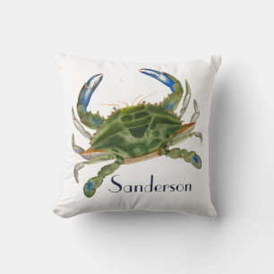 Green Blue Crab Nautical Coastal Throw Pillow