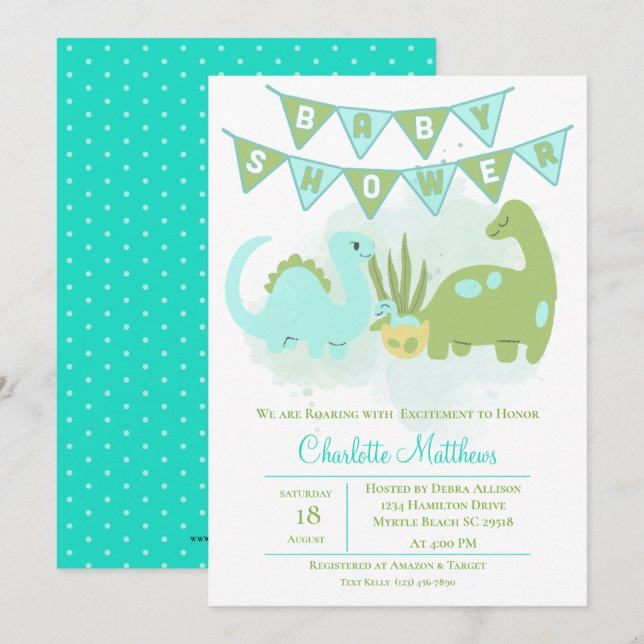 Green Blue Cute  Dinosaur Mom and Baby Shower Invitation (Front/Back)