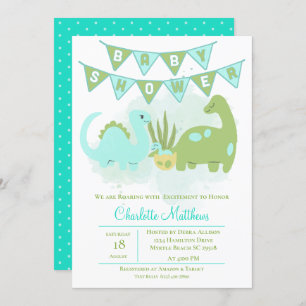 Green Blue Cute Dinosaur Mom and Baby Shower Invitation