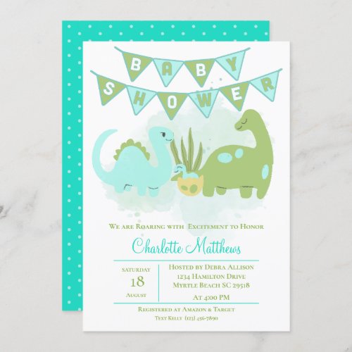 Green Blue Cute  Dinosaur Mom and Baby Shower Invitation