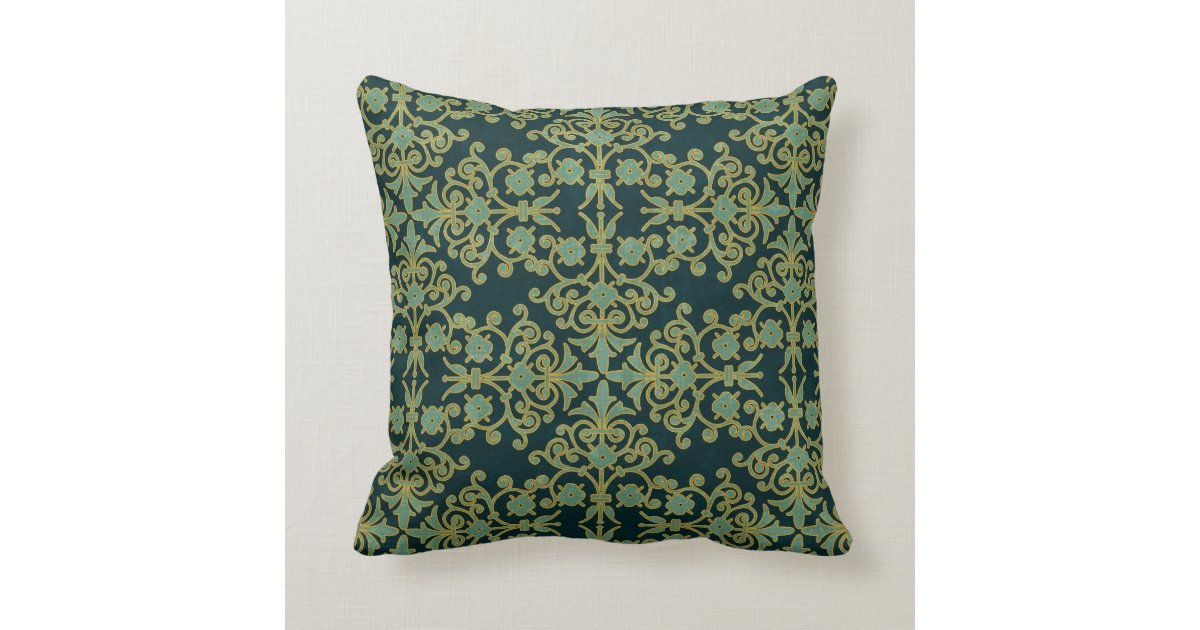 Green & Blue Damask French Throw Pillow
