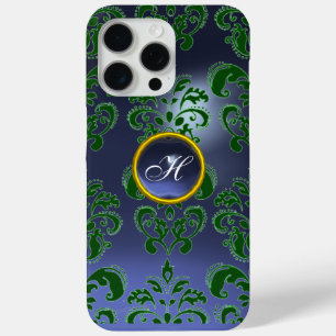 GREEN BLUE DAMASK GEMSTONE MONOGRAM Floral iPhone 15 Pro Max Case