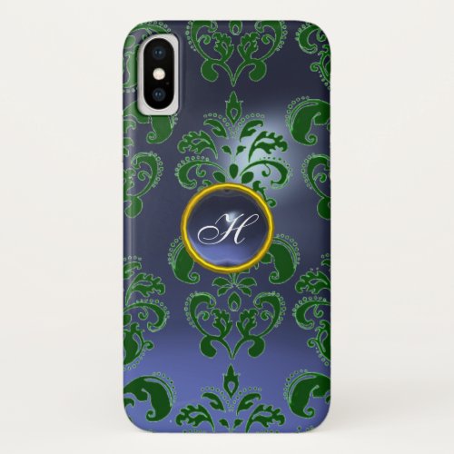 GREEN BLUE DAMASK GEMSTONE MONOGRAM  Floral iPhone X Case