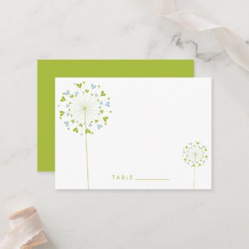 Green & Blue Dandelion Flowers Love Hearts Wedding Place Card by fatfatin_blue_knot at Zazzle