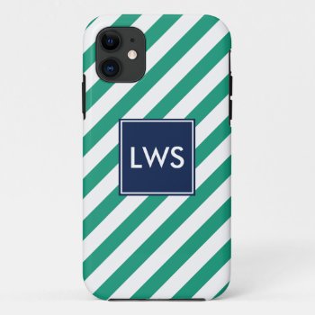 Green Blue Diagonal Stripes Monogram Iphone 11 Case by heartlockedcases at Zazzle