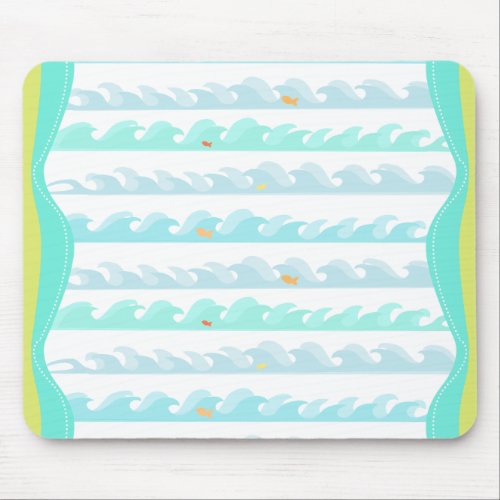 Green  Blue Digital Ocean Waves and Little Fish Mouse Pad