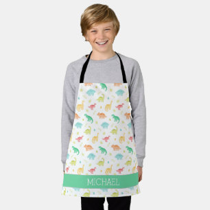 Green Blue Dinosaur Pattern Custom Name Apron