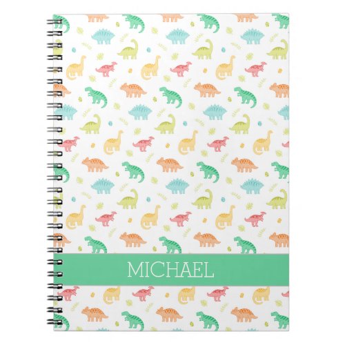 Green Blue Dinosaur Pattern Custom Name Notebook