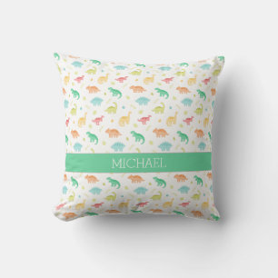 Green Blue Dinosaur Pattern Custom Name Throw Pillow