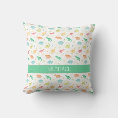 Green Blue Dinosaur Pattern Custom Name Throw Pillow