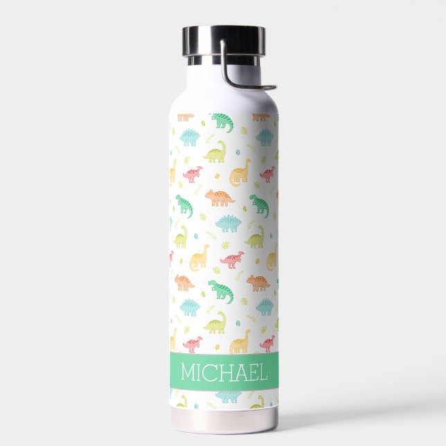 Green Blue Dinosaur Pattern Custom Name Water Bottle (Left)