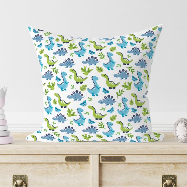 Green BLUE Dinosaur Pattern kids bedroom Throw Pillow (Creator Uploaded)