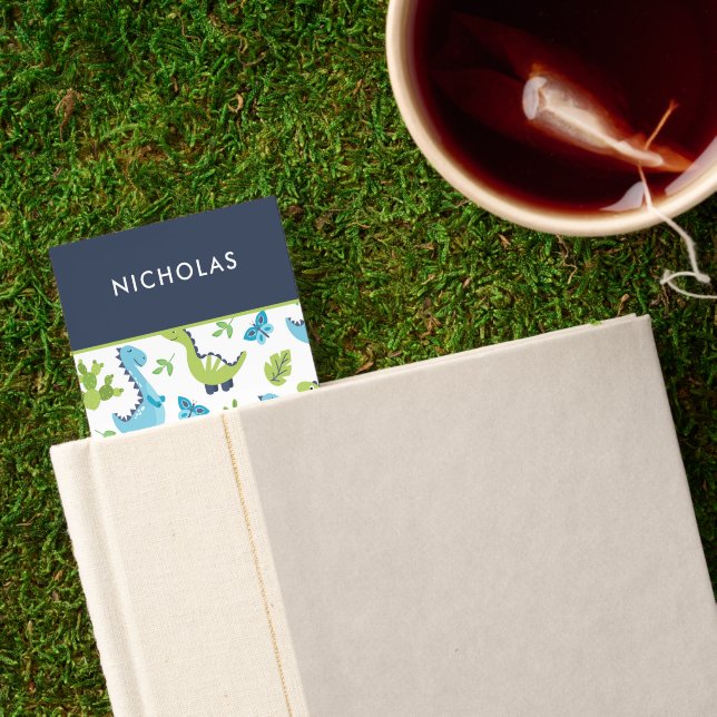 Green BLUE Dinosaur Pattern with Kid Name Bookmarks (Closed Book)