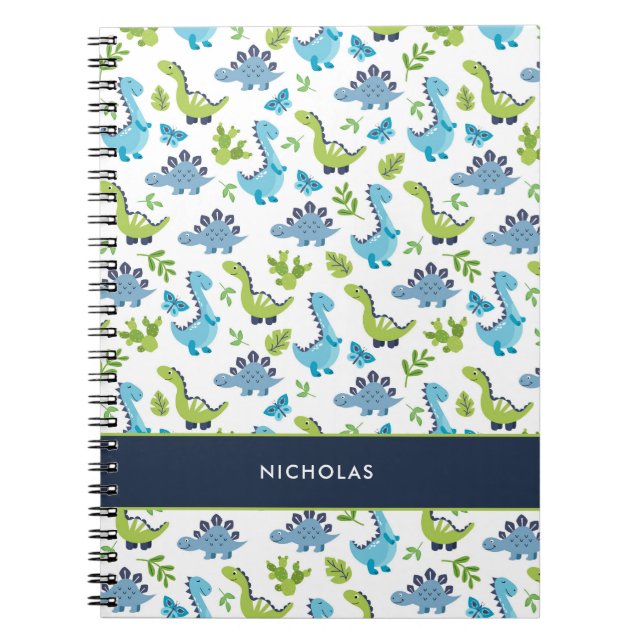 Green BLUE Dinosaur Pattern with Kid Name Notebook (Front)