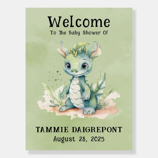 Green Blue Dragon Boy Baby Shower Welcome Sign (Front)