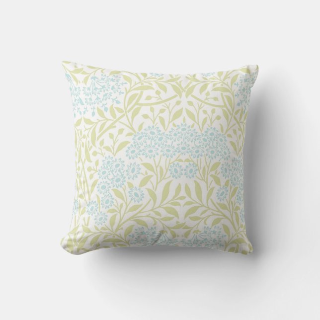 Green Blue Floral Damask Pattern Throw Pillow (Front)