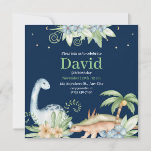 Green Blue Floral Dinosaur Birthday Invitation 