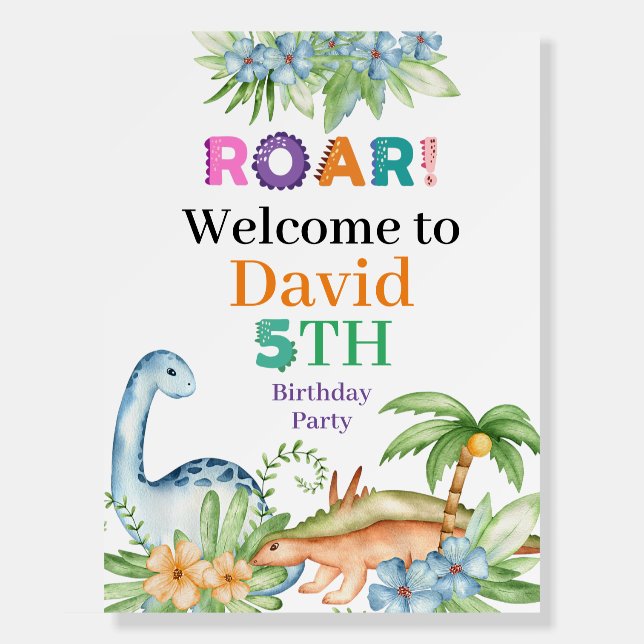 Green Blue Floral Dinosaur Birthday welcome sign  (Front)