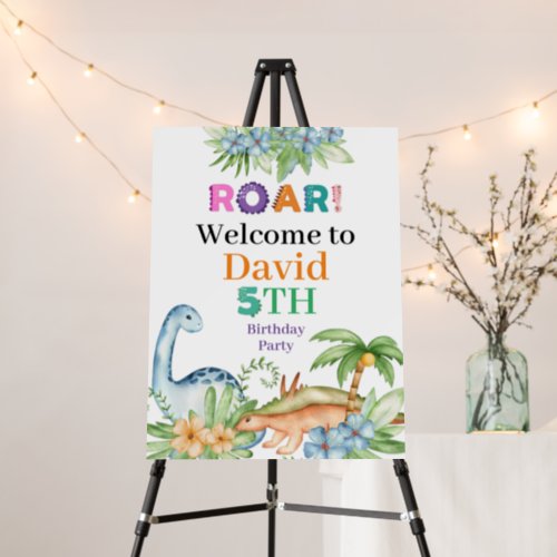 Green Blue Floral Dinosaur Birthday welcome sign 