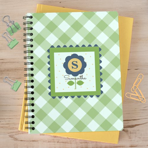 Green Blue Floral Gingham Monogrammed Notebook