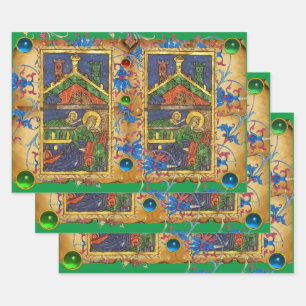 GREEN BLUE FLORAL NATIVITY CHRISTMAS PARCHMENT WRAPPING PAPER SHEETS