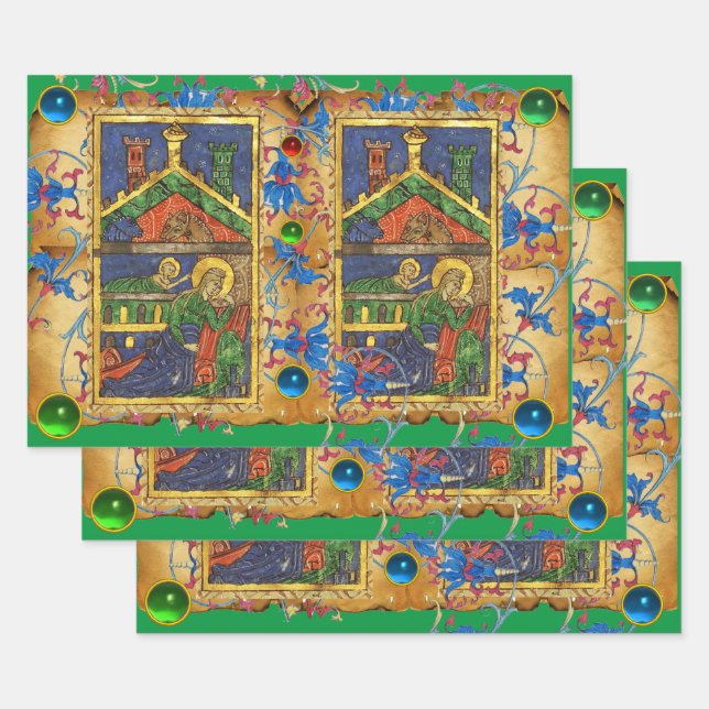 GREEN BLUE FLORAL NATIVITY CHRISTMAS PARCHMENT WRAPPING PAPER SHEETS (Set)