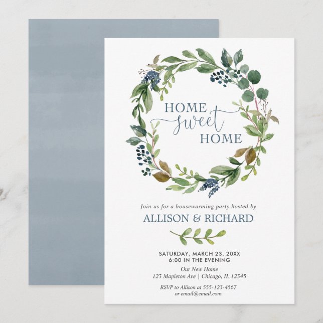 Green blue floral wreath rustic housewarming invitation (Front/Back)