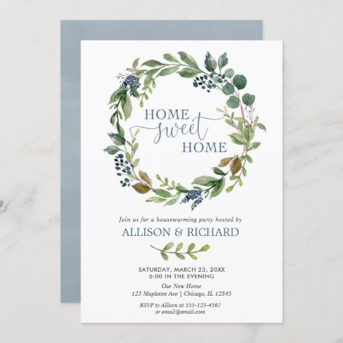 Green blue floral wreath rustic housewarming invitation