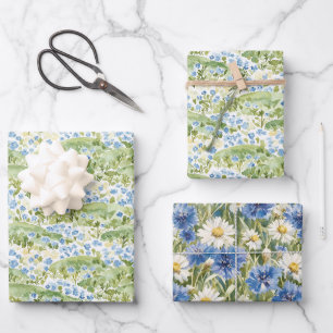 Green Blue Flowers Birthday Wrapping Paper Sheets