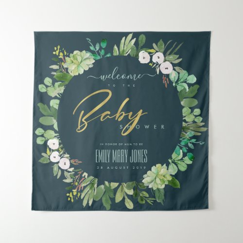 GREEN BLUE FOLIAGE WATERCOLOR BABY SHOWER WELCOME TAPESTRY