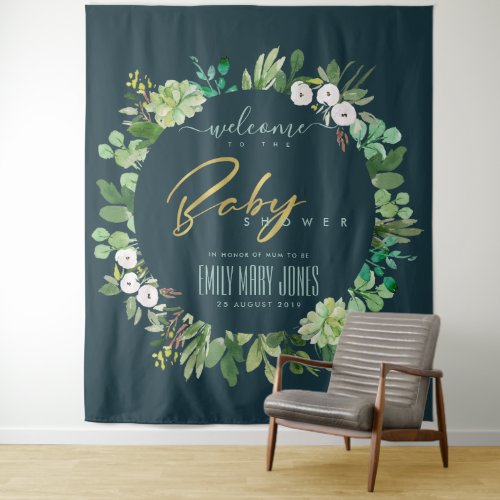GREEN BLUE FOLIAGE WATERCOLOR  BABY SHOWER WELCOME TAPESTRY