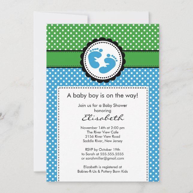 Green Blue Footprint Boy Baby Shower Invitation (Front)
