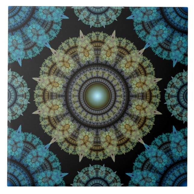Green blue fractal sacred pattern ceramic tile (Front)