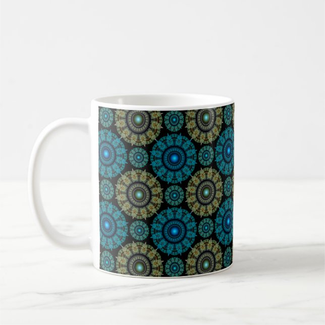 Green blue fractal sacred pattern  coffee mug (Left)