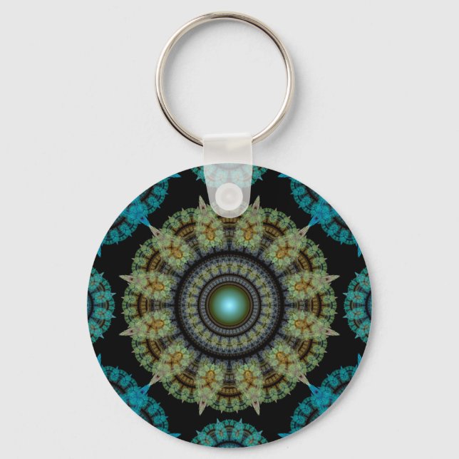 Green blue fractal sacred pattern keychain (Front)